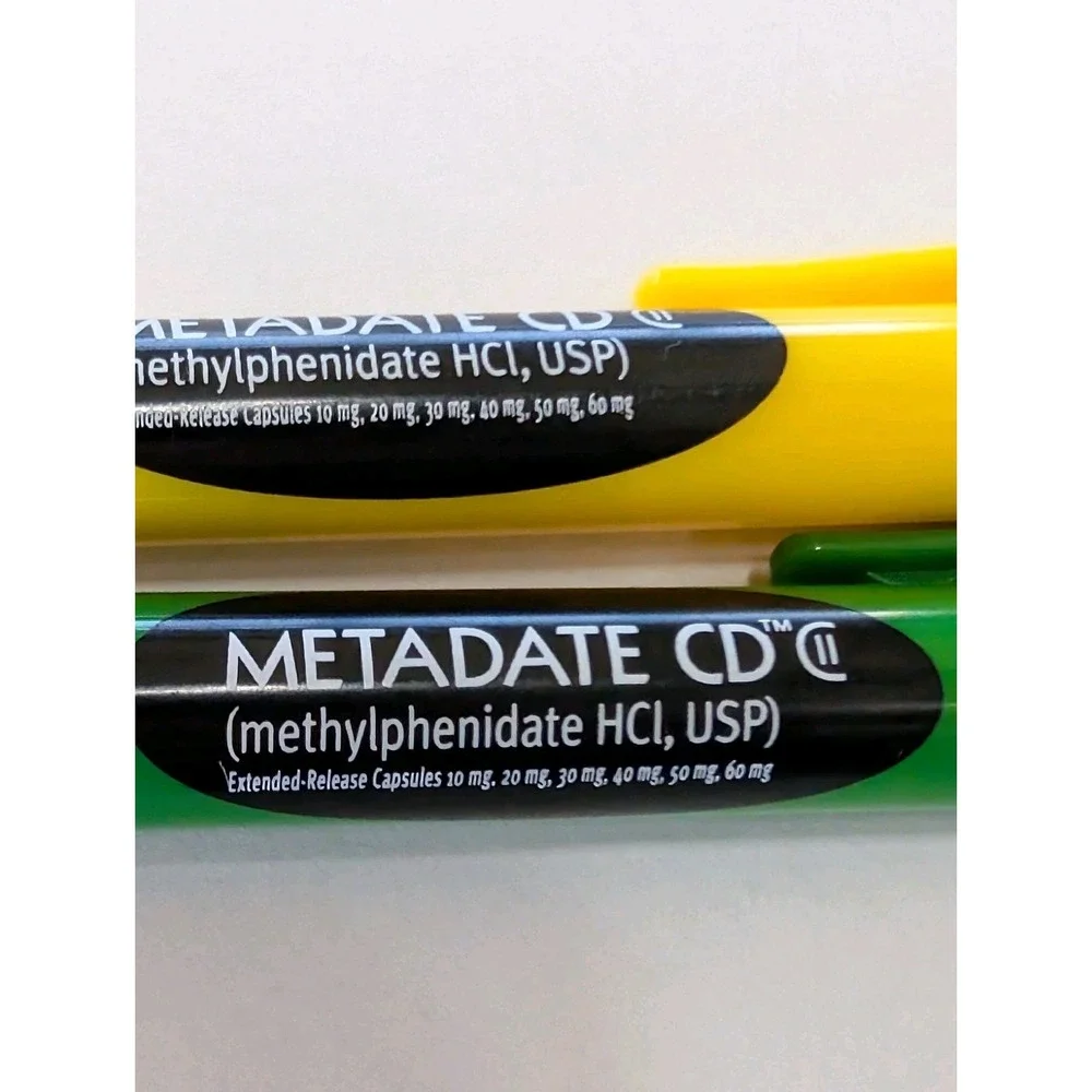RARE Metadate CD CII Pharmaceutical Drug Rep Pen ADHD Green Yellow Crayon Click